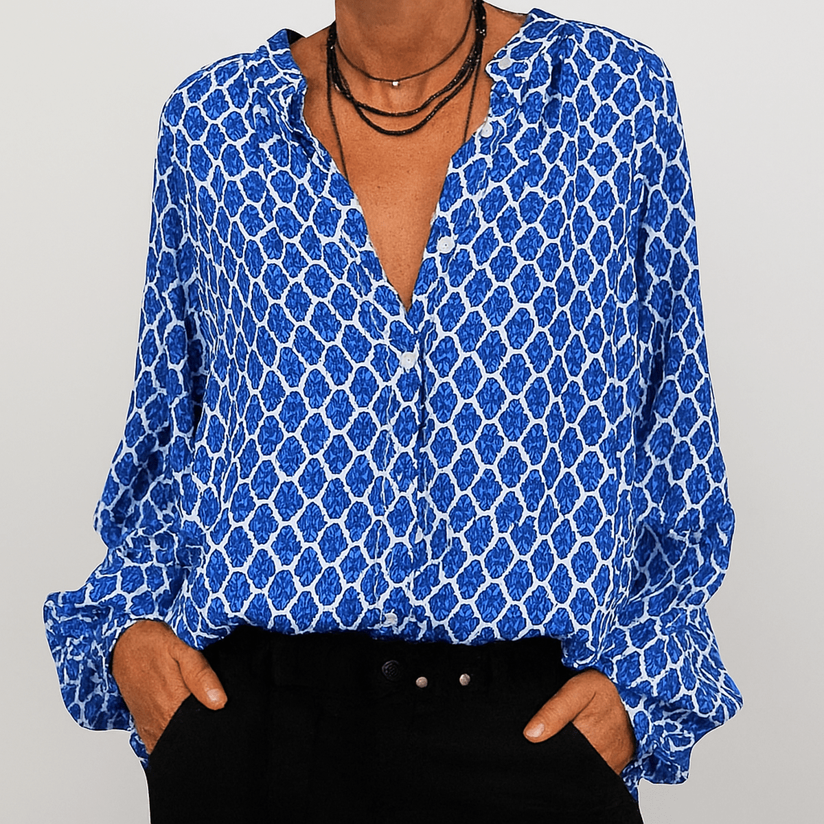 Geprinte V-hals Blouse met Lange Mouwen