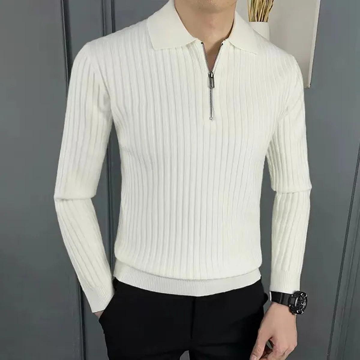 Geribde Wolmix Half-Zip Polo Sweater Voor Mannen