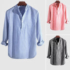 Gestreept Linnen Blend Henley Shirt met Bandkraag voor Mannen