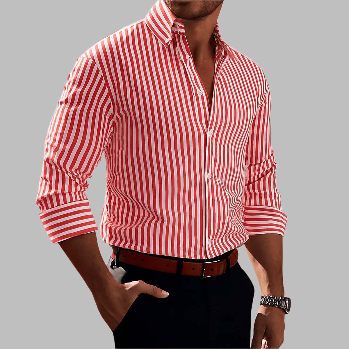 Gestreept Overhemd Met Knoopsluiting Voor Mannen, Tailored Fit Voorjaar Herfst Casual Wear