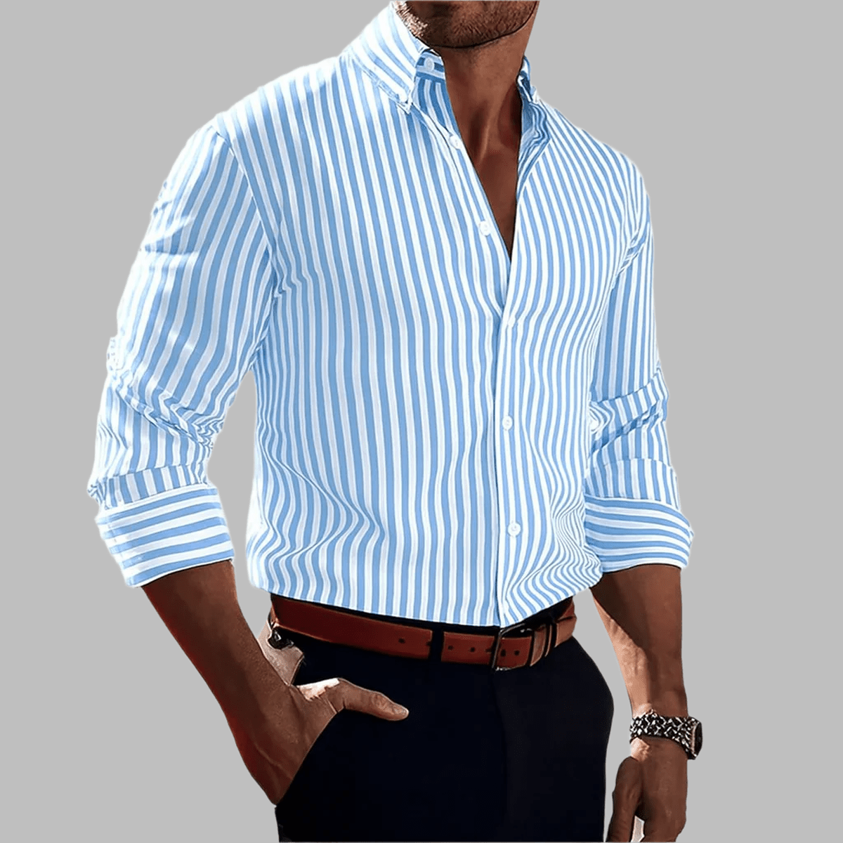 Gestreept Overhemd Met Knoopsluiting Voor Mannen, Tailored Fit Voorjaar Herfst Casual Wear