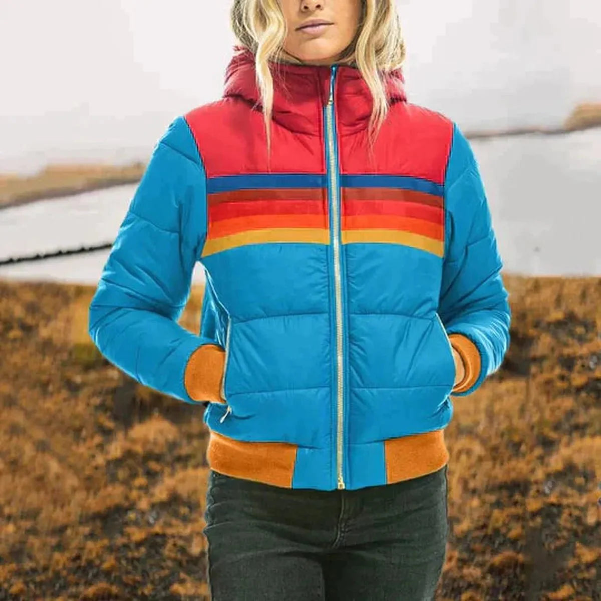 Gewatteerde WinterJas met Streepdetails en Capuchon voor Dames