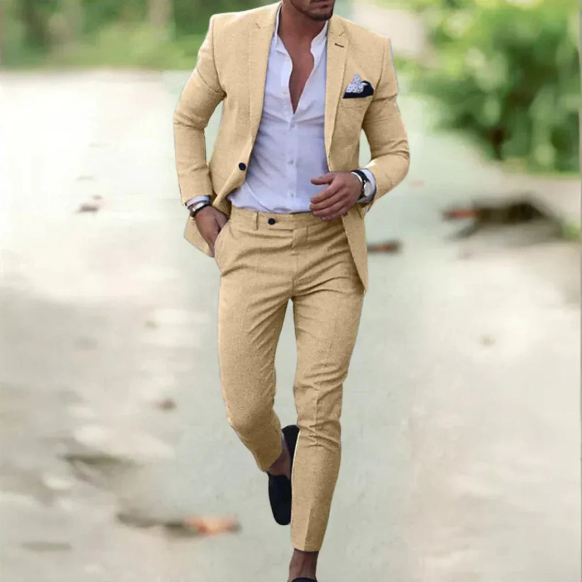 Heren Ademend Linnen Pak - 2-delig Slim Fit voor Zomer, Bruiloften & Kantoor