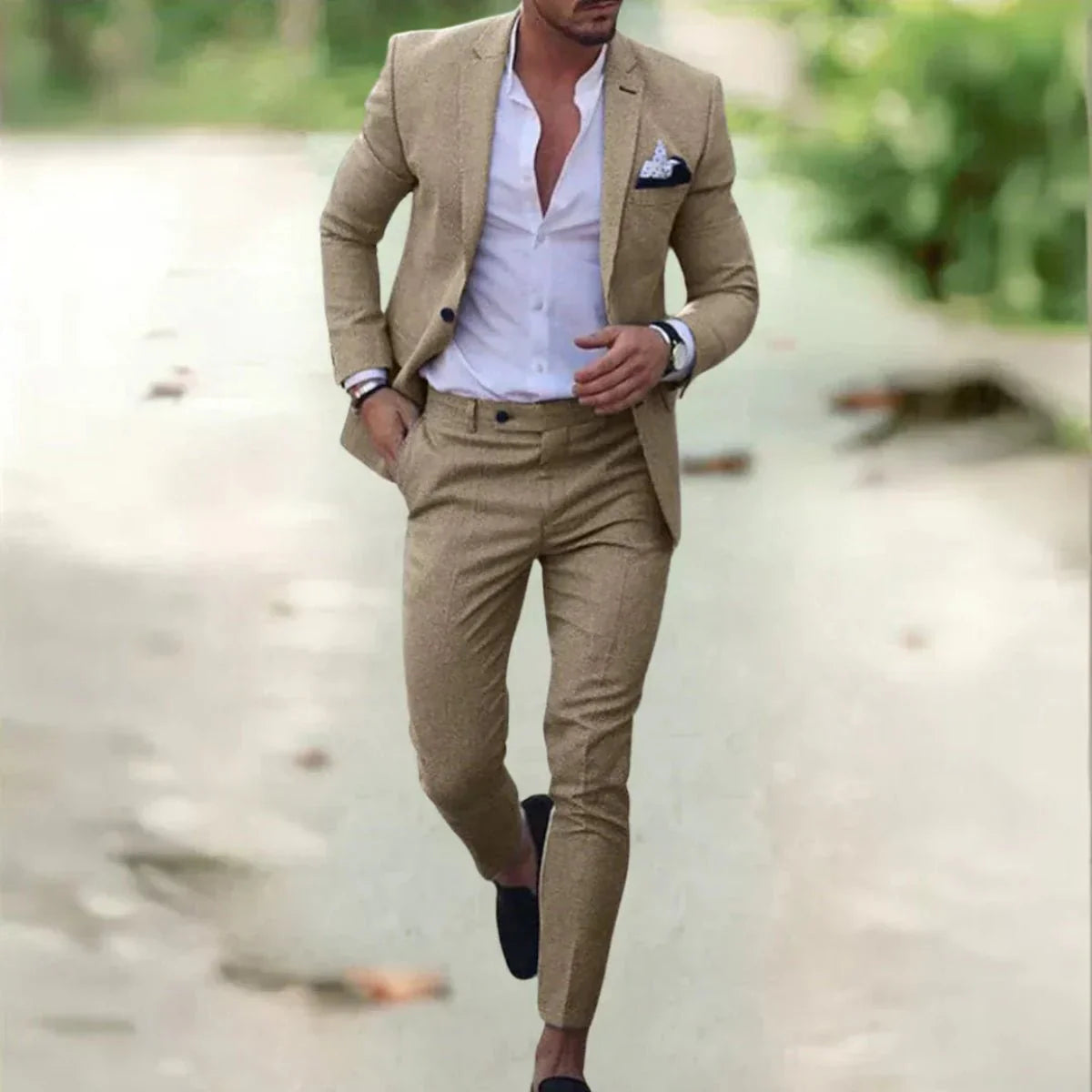 Heren Ademend Linnen Pak - 2-delig Slim Fit voor Zomer, Bruiloften & Kantoor