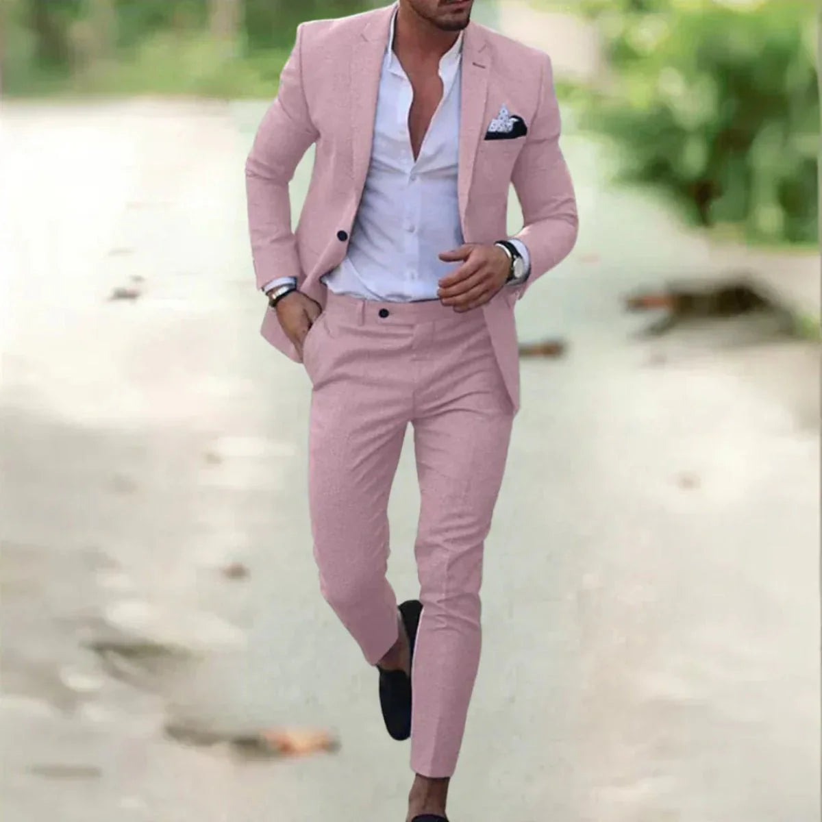 Heren Ademend Linnen Pak - 2-delig Slim Fit voor Zomer, Bruiloften & Kantoor