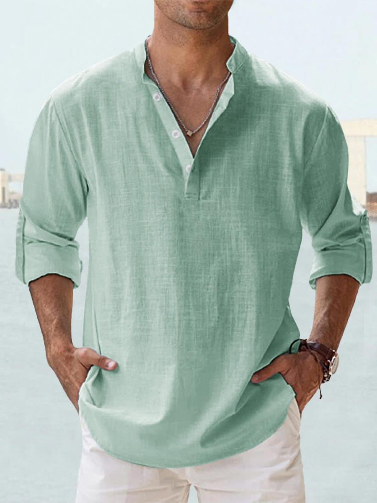 Heren Katoen-Linnen Langemouwen Henley Shirt