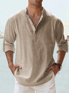Heren Katoen-Linnen Langemouwen Henley Shirt