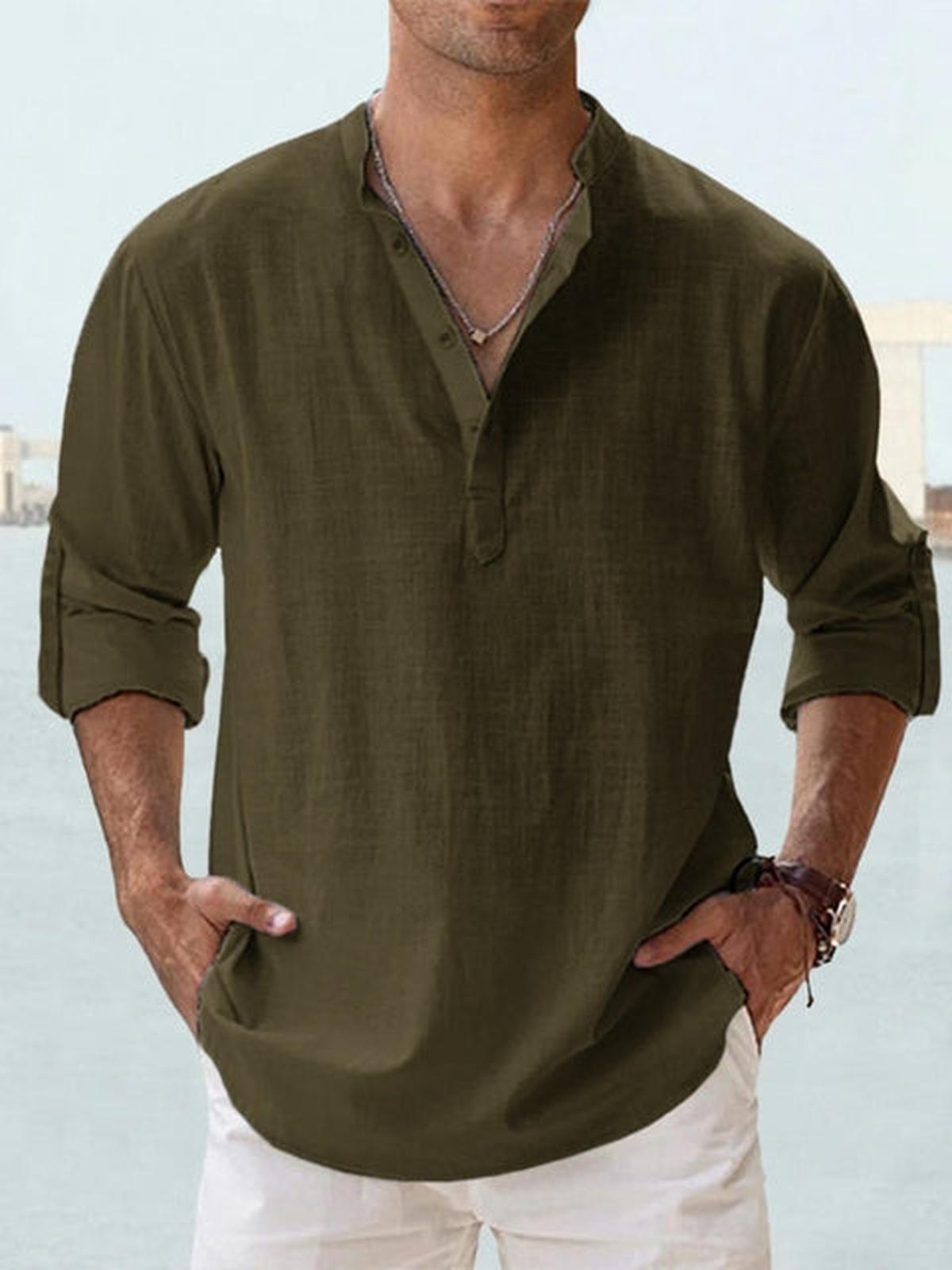 Heren Katoen-Linnen Langemouwen Henley Shirt