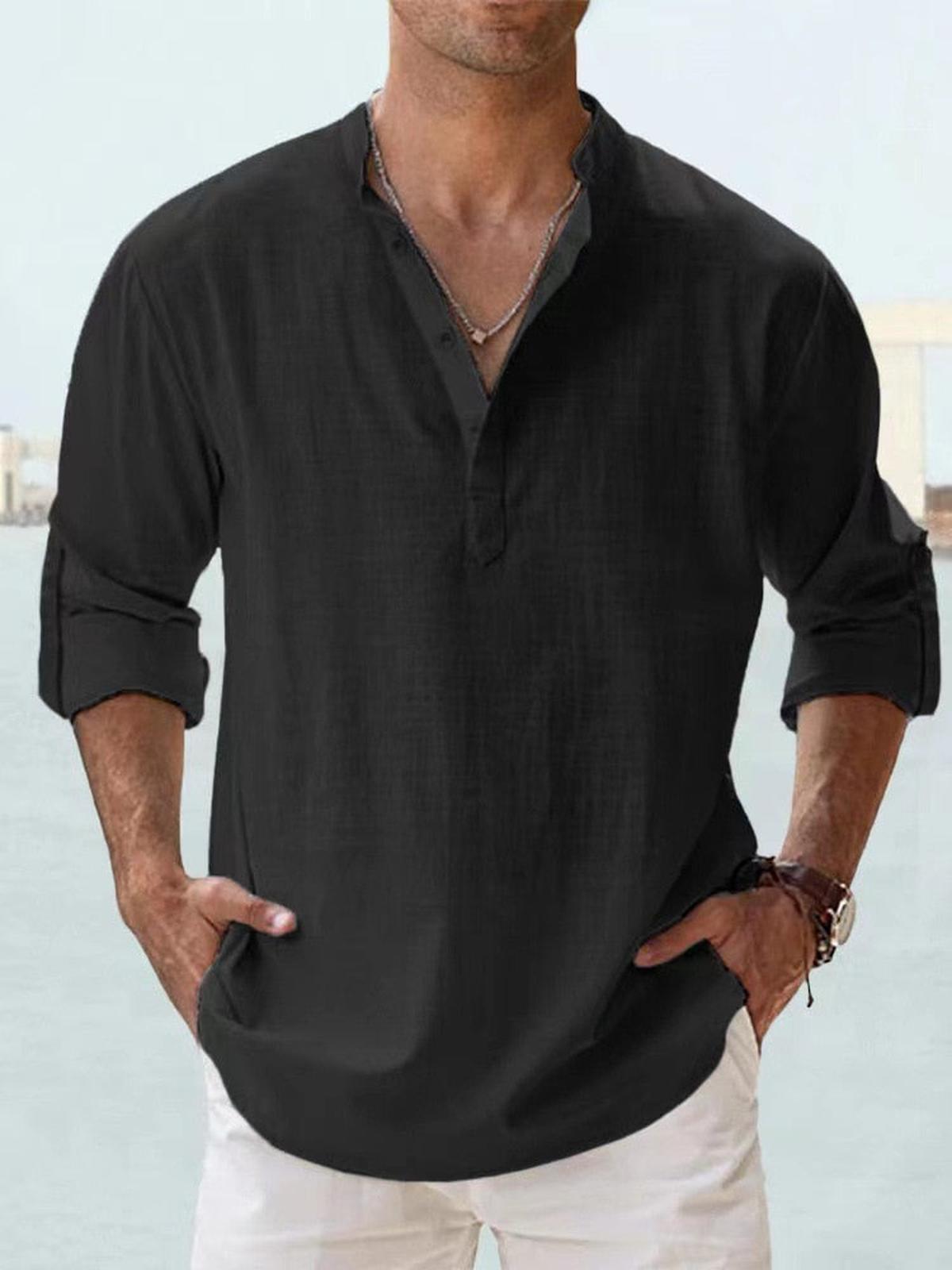 Heren Katoen-Linnen Langemouwen Henley Shirt