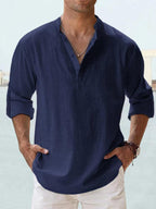 Heren Katoen-Linnen Langemouwen Henley Shirt