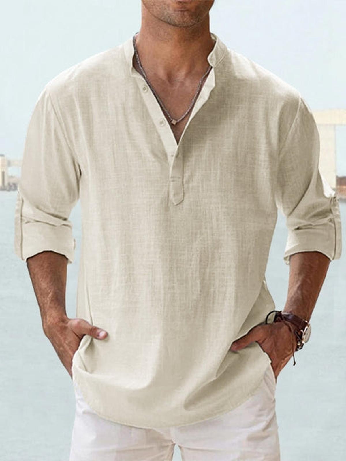 Heren Katoen-Linnen Langemouwen Henley Shirt