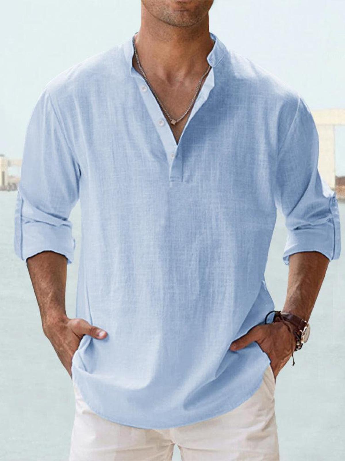 Heren Katoen-Linnen Langemouwen Henley Shirt