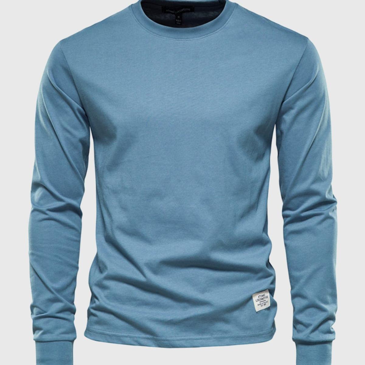 Heren Katoenen Shirt met Lange Mouwen, Ronde Hals en Zakjes