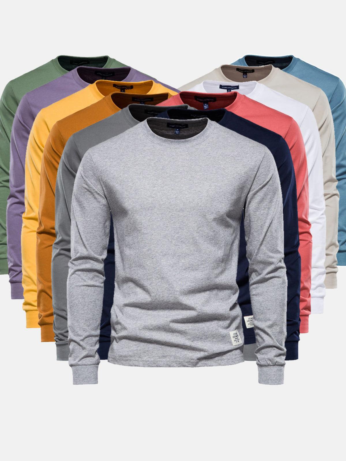 Heren Katoenen Shirt met Lange Mouwen, Ronde Hals en Zakjes