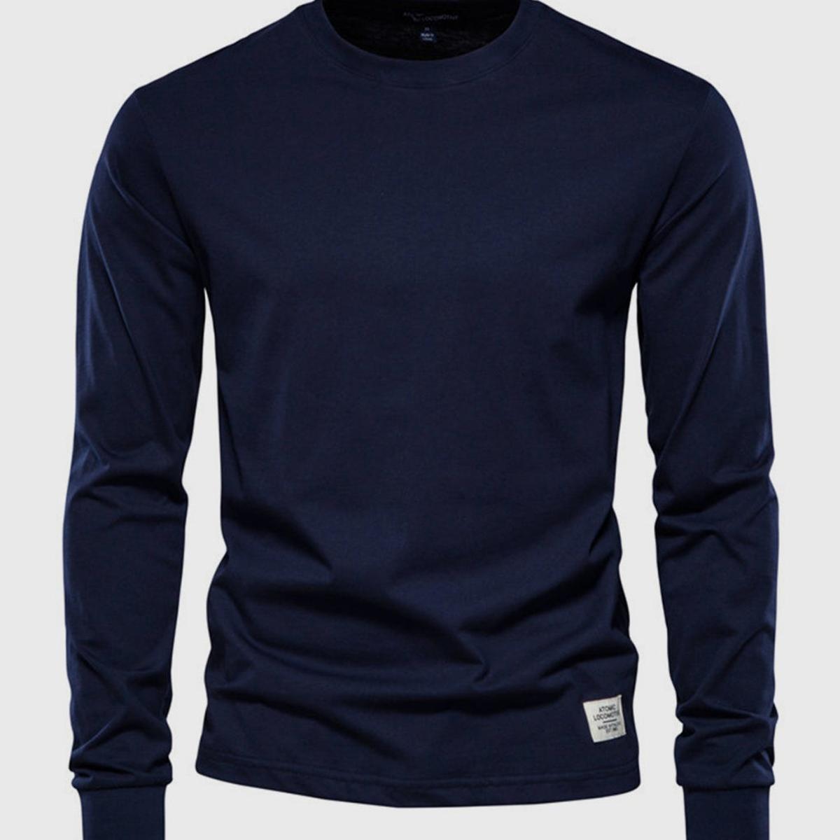 Heren Katoenen Shirt met Lange Mouwen, Ronde Hals en Zakjes