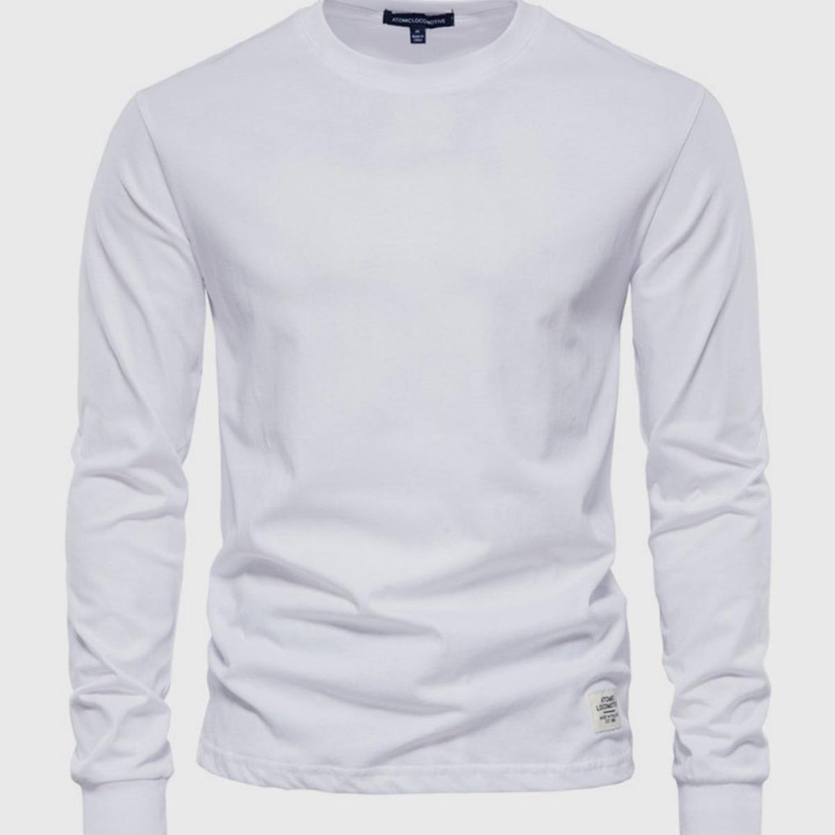 Heren Katoenen Shirt met Lange Mouwen, Ronde Hals en Zakjes