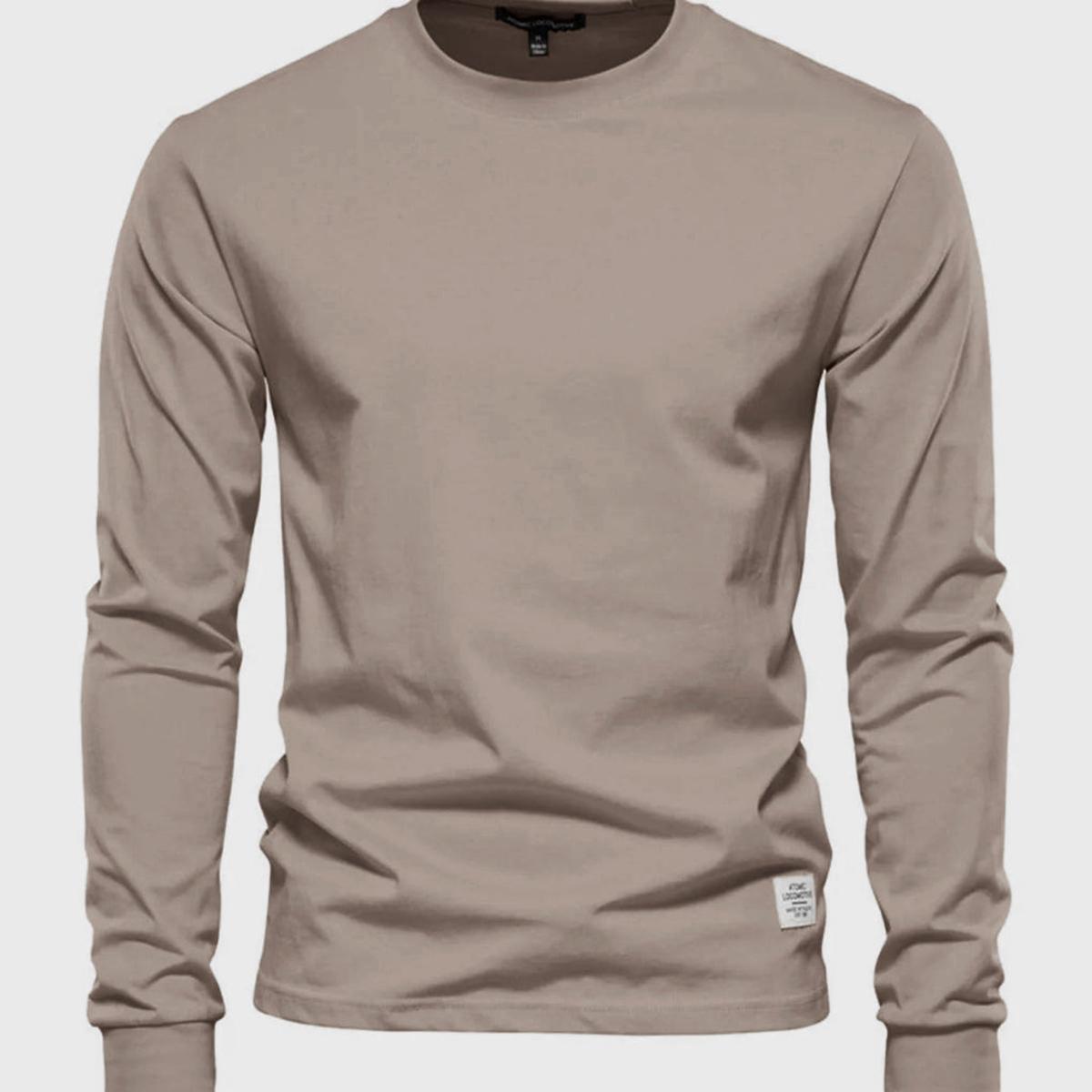 Heren Katoenen Shirt met Lange Mouwen, Ronde Hals en Zakjes