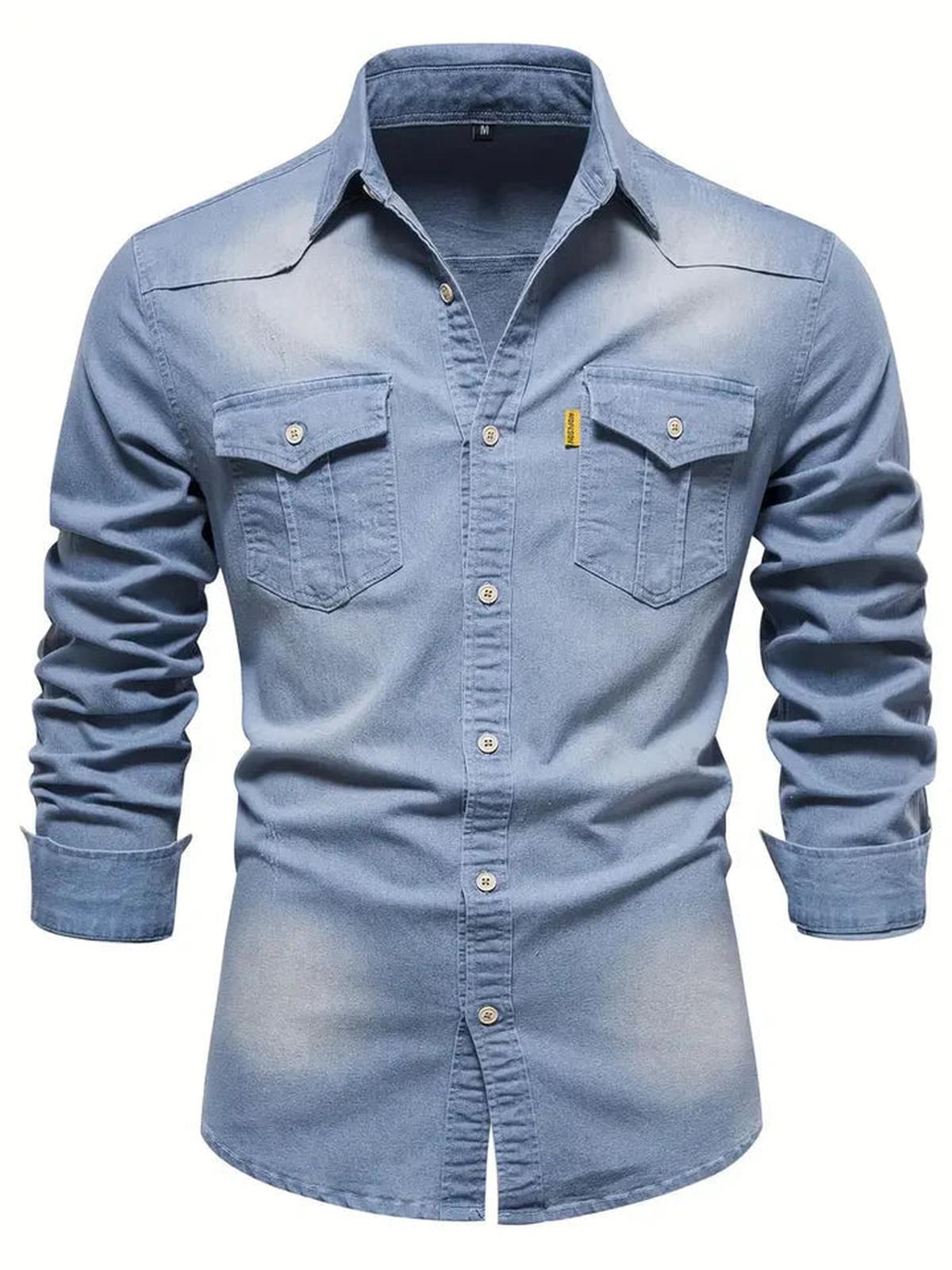 Heren Klassiek Denim Overhemd Regular Fit Casual Knoopsluiting
