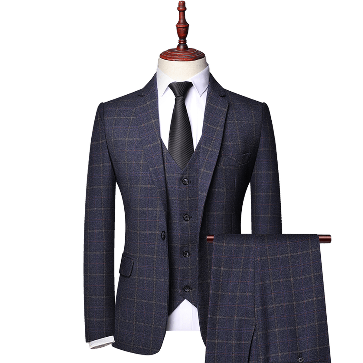 Heren Klassiek Ruit 3-Delig Pak met Broek, Vest en Blazer