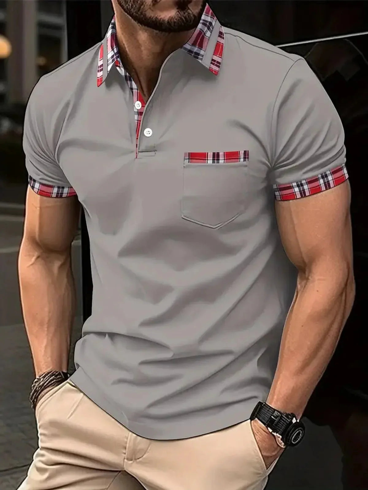 Heren Polo Shirt met Ruittrim en Korte Mouwen