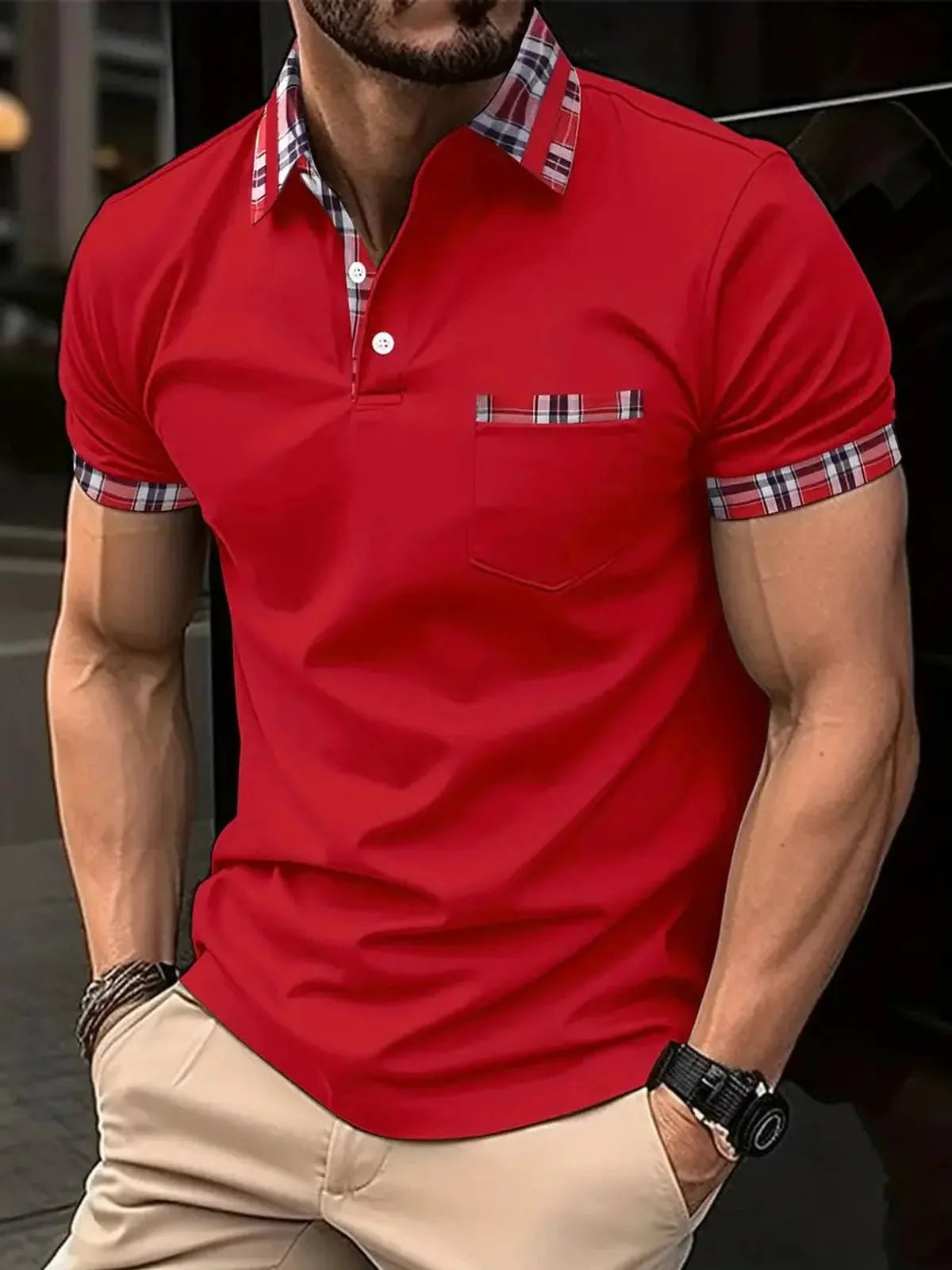 Heren Polo Shirt met Ruittrim en Korte Mouwen
