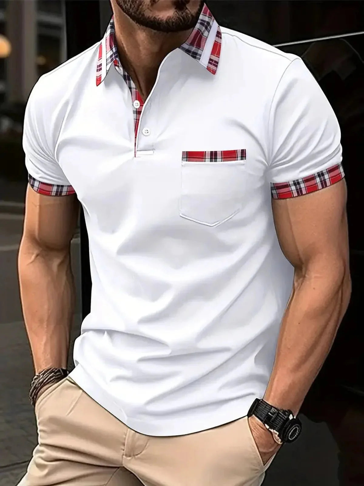 Heren Polo Shirt met Ruittrim en Korte Mouwen