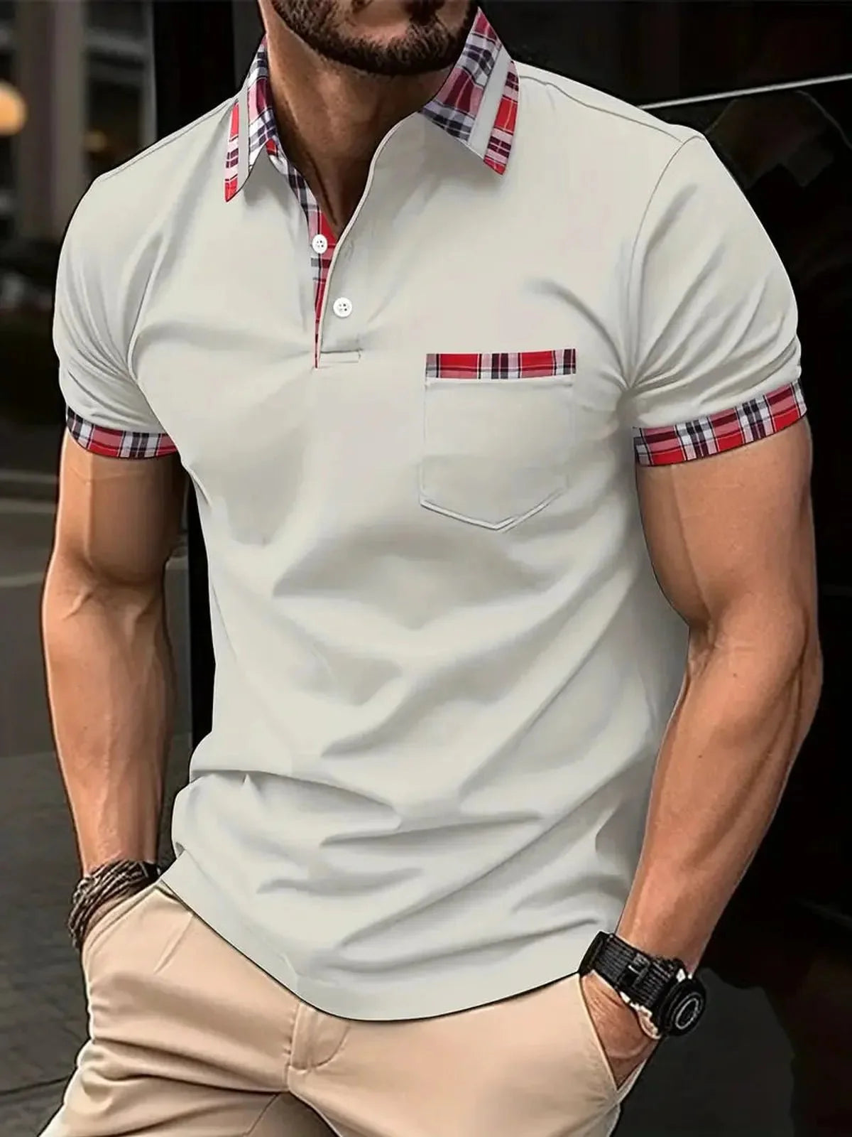 Heren Polo Shirt met Ruittrim en Korte Mouwen