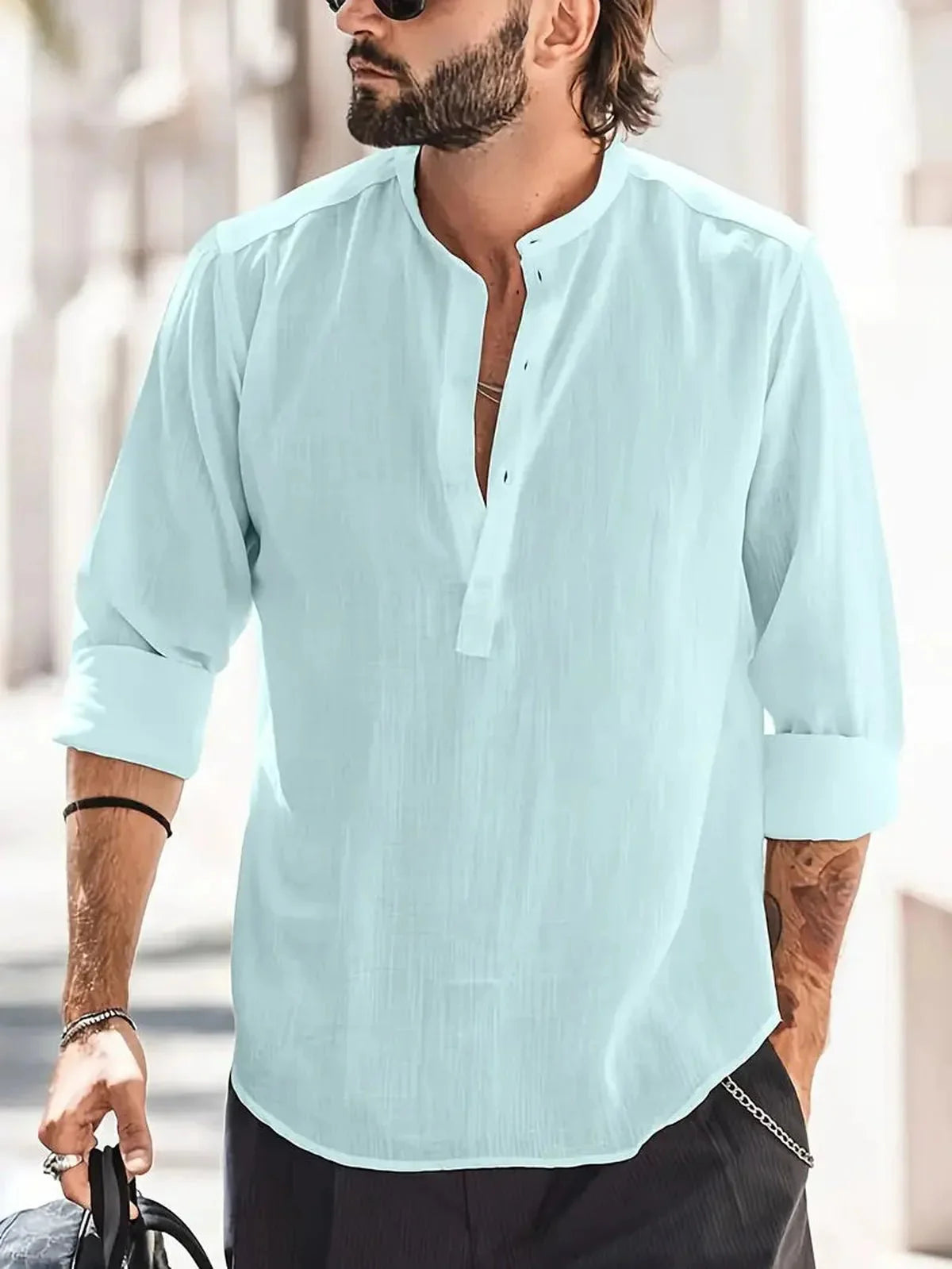 Heren Relaxed Fit Bandkraag Lange Mouwen Shirt voor Casual Gebruik