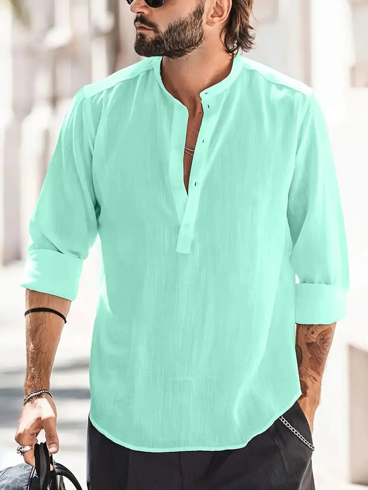 Heren Relaxed Fit Bandkraag Lange Mouwen Shirt voor Casual Gebruik