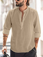 Heren Relaxed Fit Bandkraag Lange Mouwen Shirt voor Casual Gebruik
