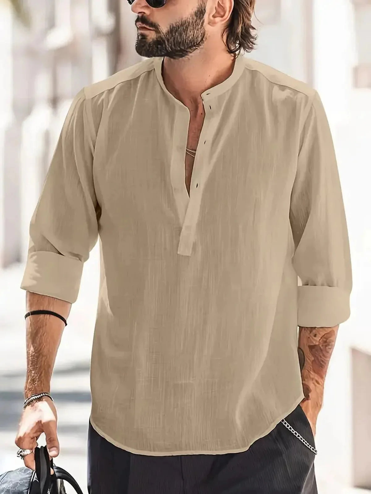 Heren Relaxed Fit Bandkraag Lange Mouwen Shirt voor Casual Gebruik