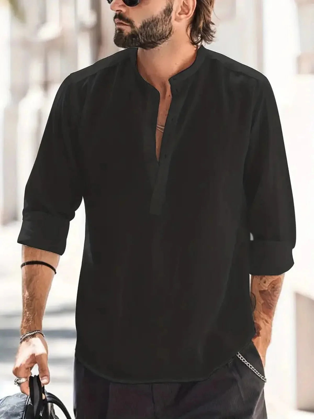Heren Relaxed Fit Bandkraag Lange Mouwen Shirt voor Casual Gebruik