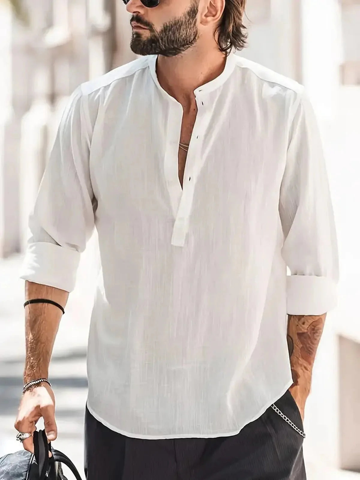 Heren Relaxed Fit Bandkraag Lange Mouwen Shirt voor Casual Gebruik