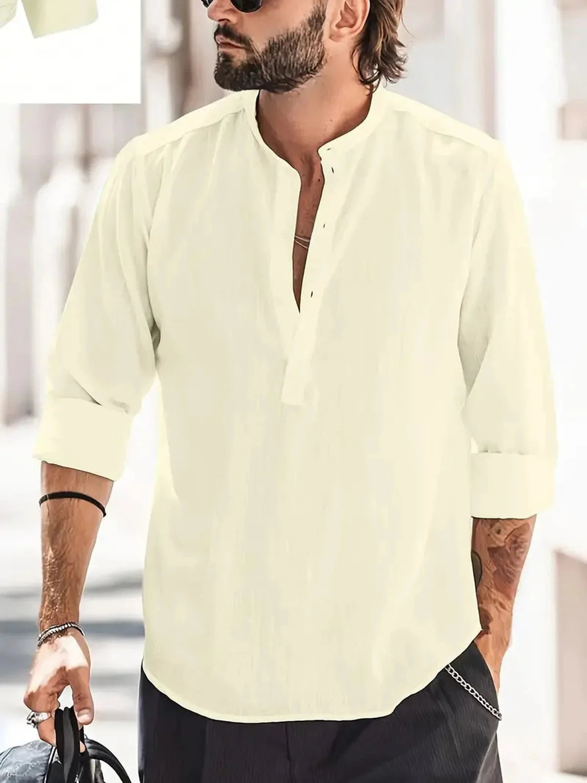 Heren Relaxed Fit Bandkraag Lange Mouwen Shirt voor Casual Gebruik