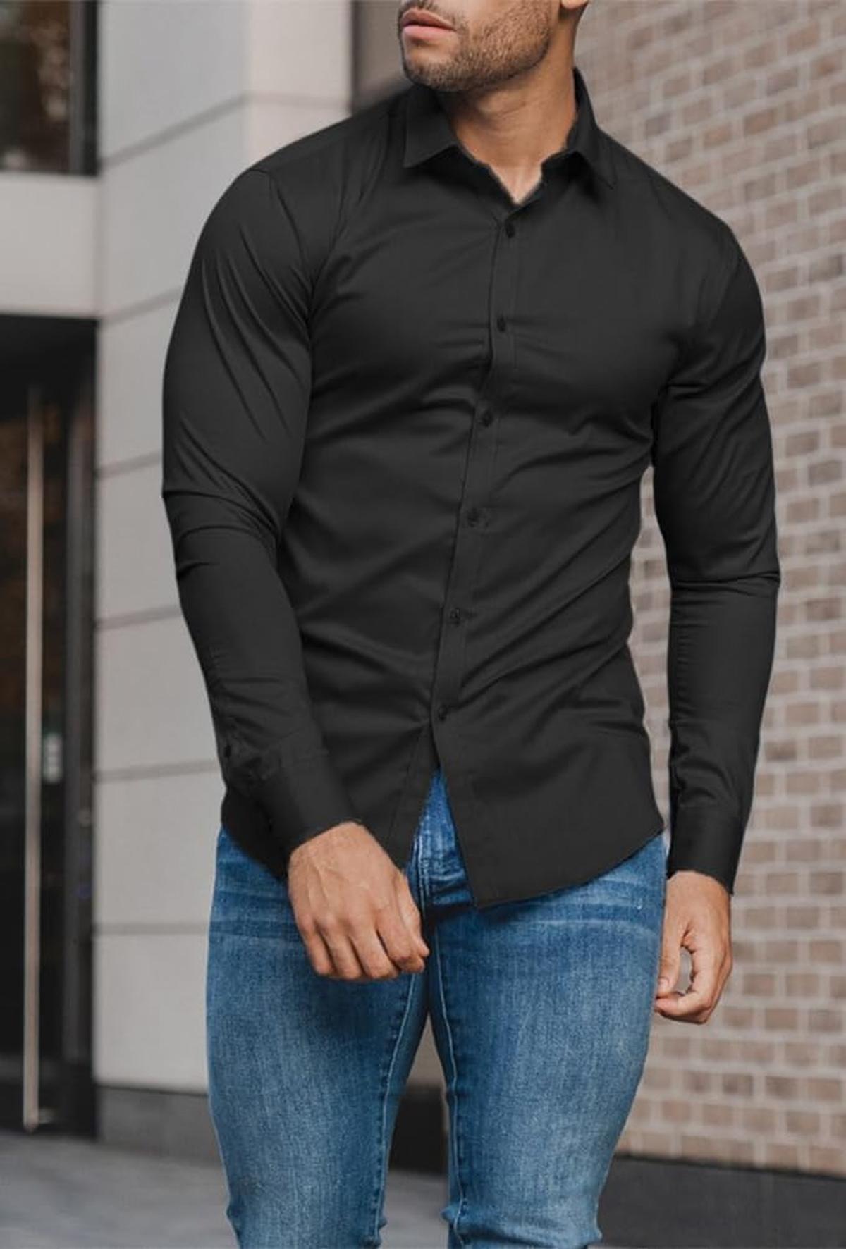 Heren Slim-Fit Kreukvrije Stretch Overhemd