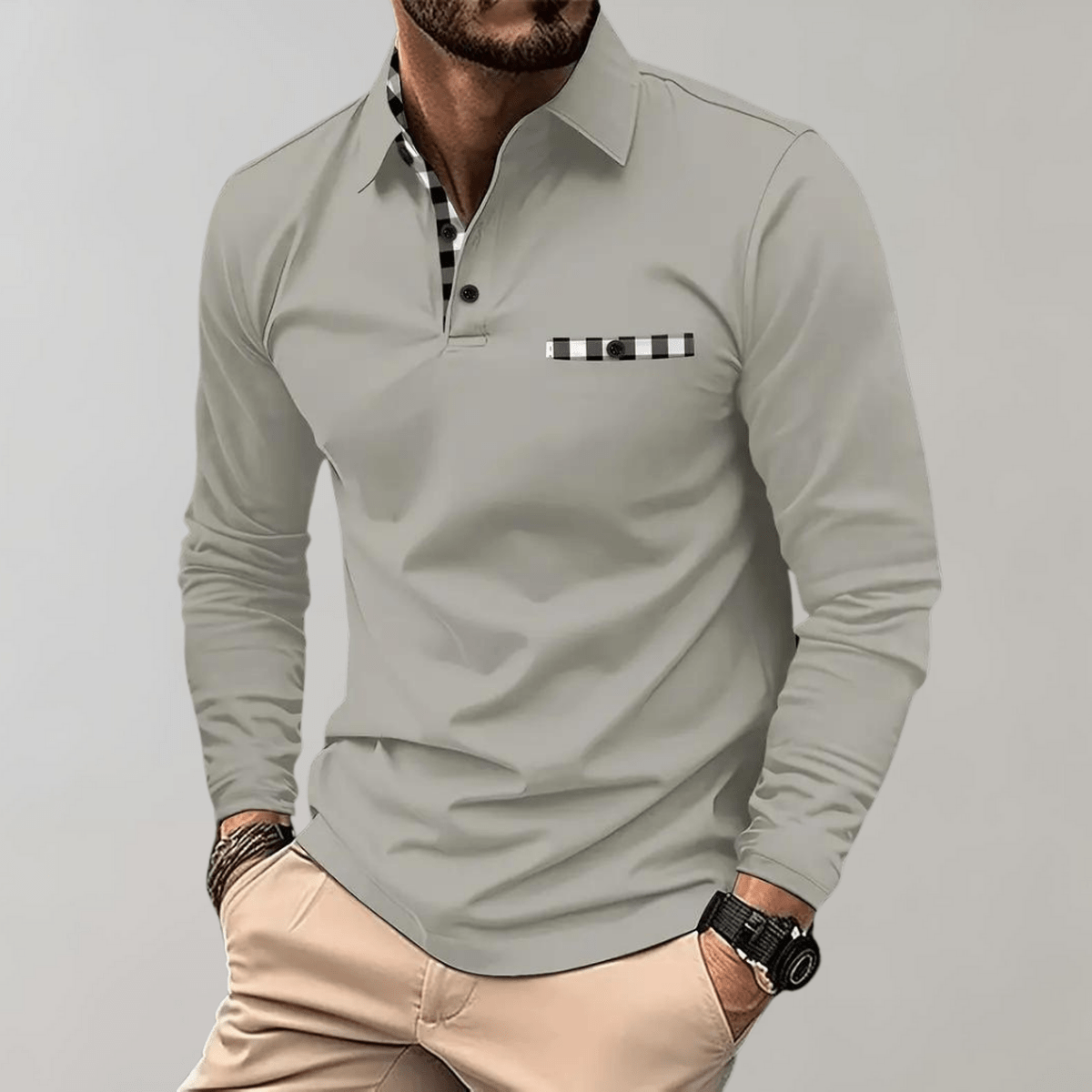 Heren T-shirt met Lange Mouwen, Geruite Kraag en Zak