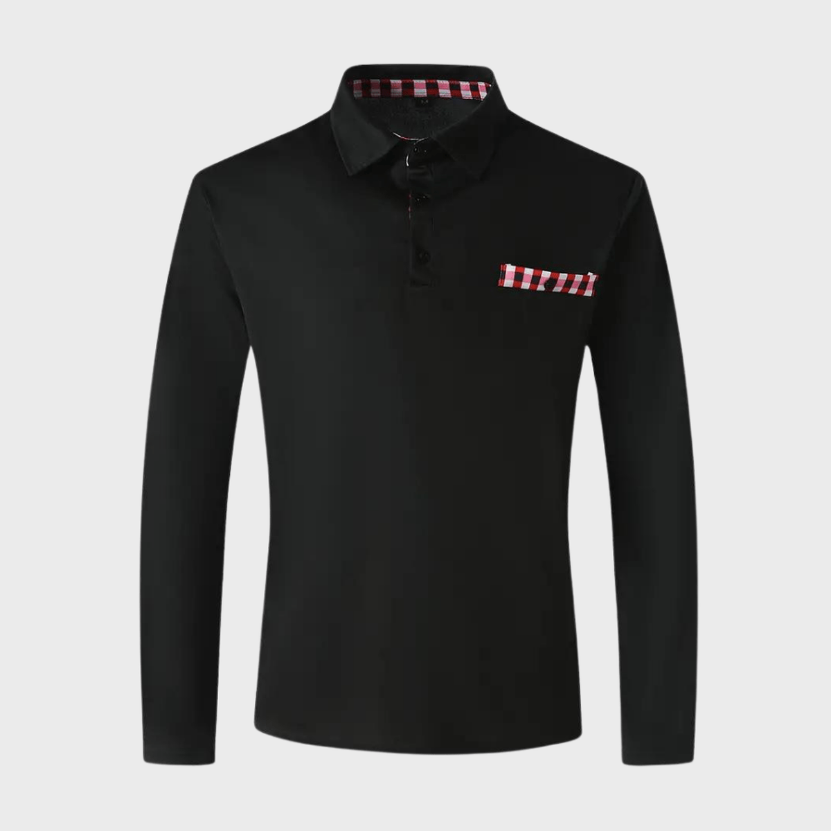 Heren T-shirt met Lange Mouwen, Geruite Kraag en Zak