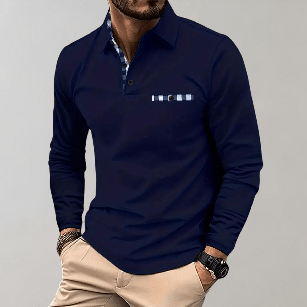 Heren T-shirt met Lange Mouwen, Geruite Kraag en Zak