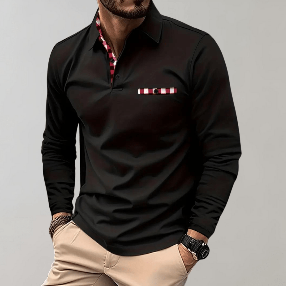 Heren T-shirt met Lange Mouwen, Geruite Kraag en Zak