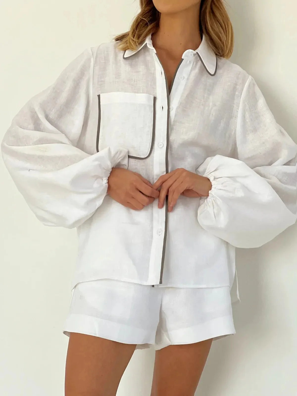 Katoenen en Linnen Contrast Trim Twee Delige Shorts Set
