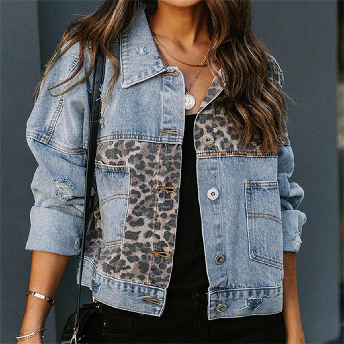 Leopard Print Distressed Denim Jas Voor Dames