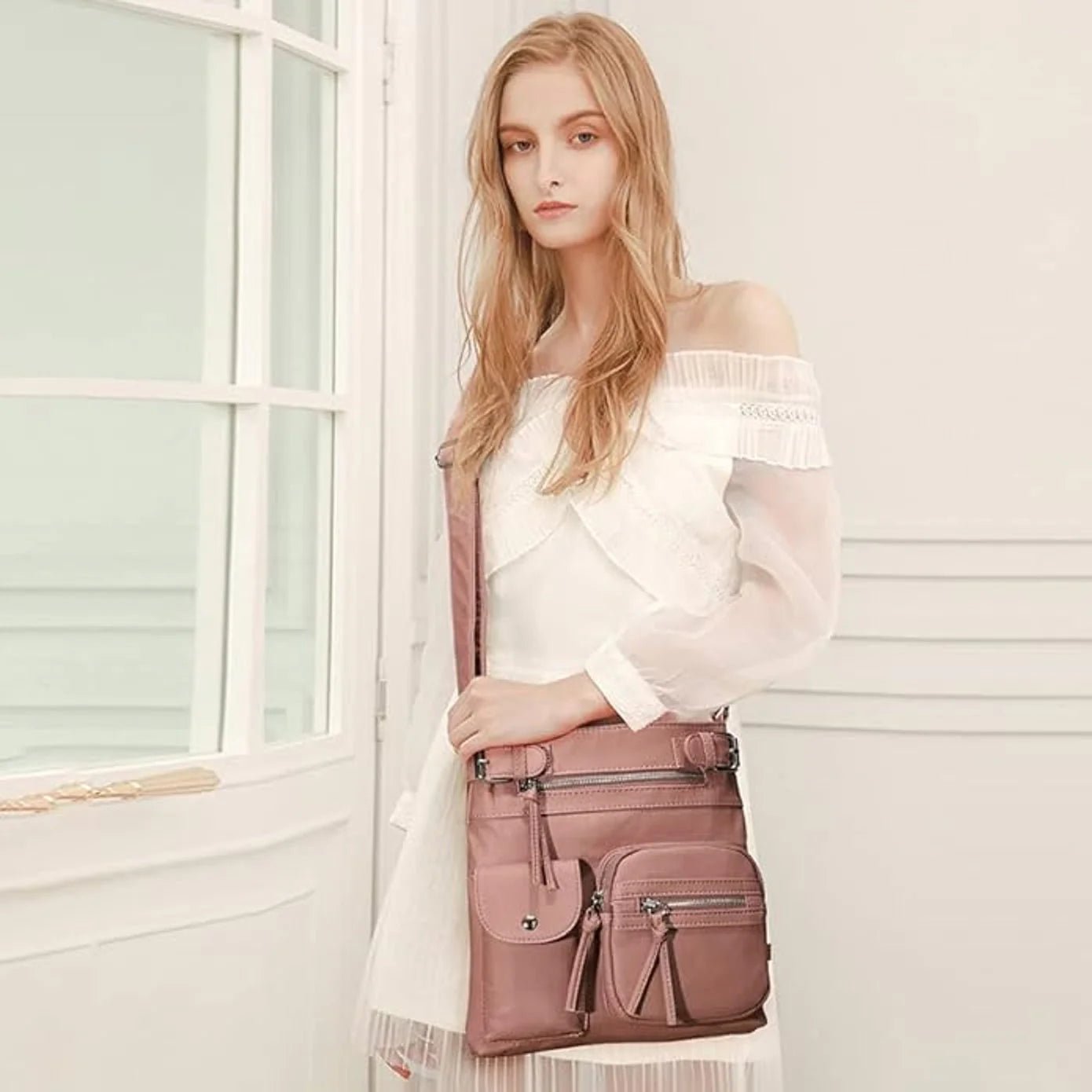 Leren Schoudertas Met Meerdere Compartimenten Voor Vrouwen