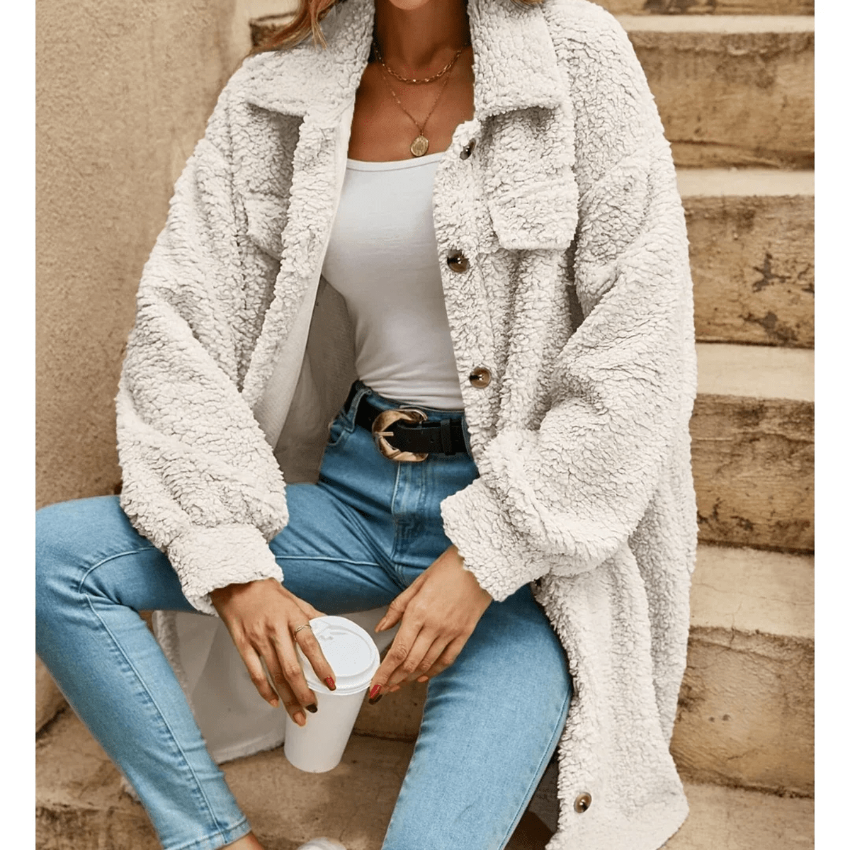 Oversized Lange Teddy/Sherpa Jas Met Knopen