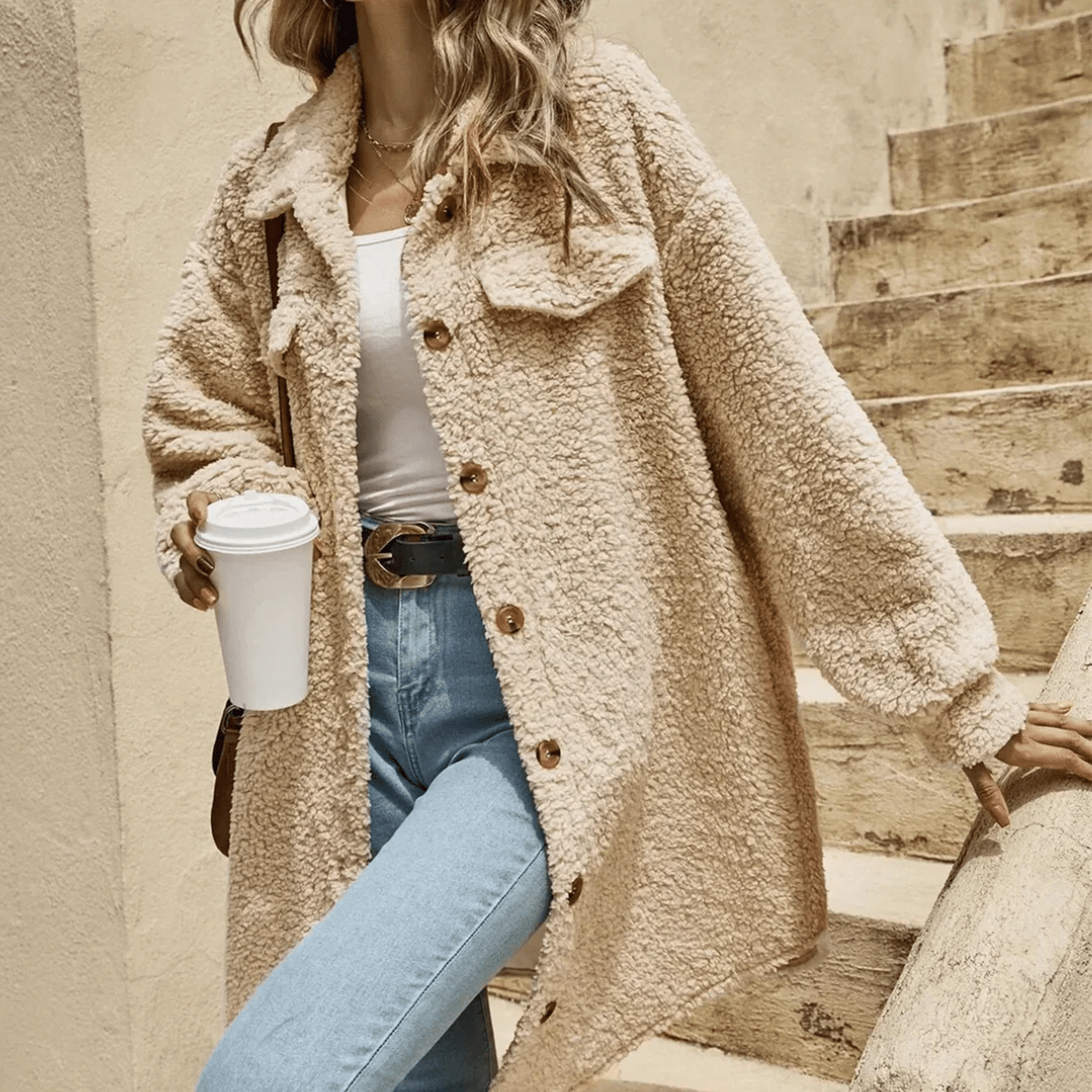 Oversized Lange Teddy/Sherpa Jas Met Knopen