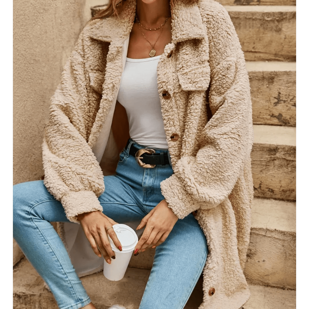 Oversized Lange Teddy/Sherpa Jas Met Knopen