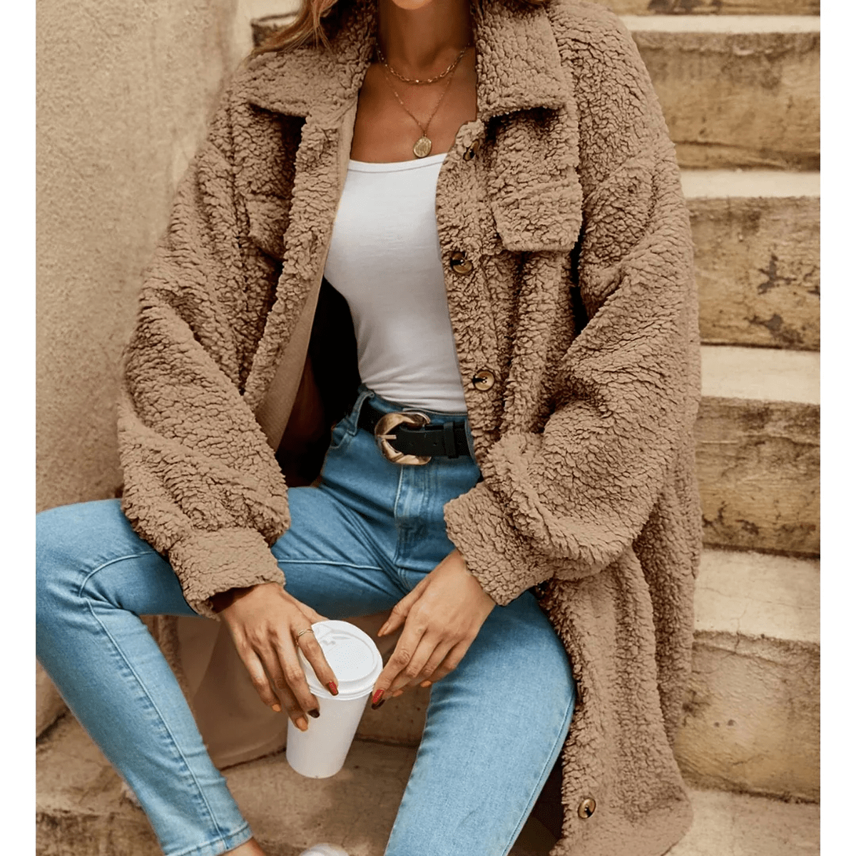 Oversized Lange Teddy/Sherpa Jas Met Knopen