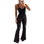 Pailletten Jumpsuit met Diepe V-Hals en Uitlopende Broekspijpen