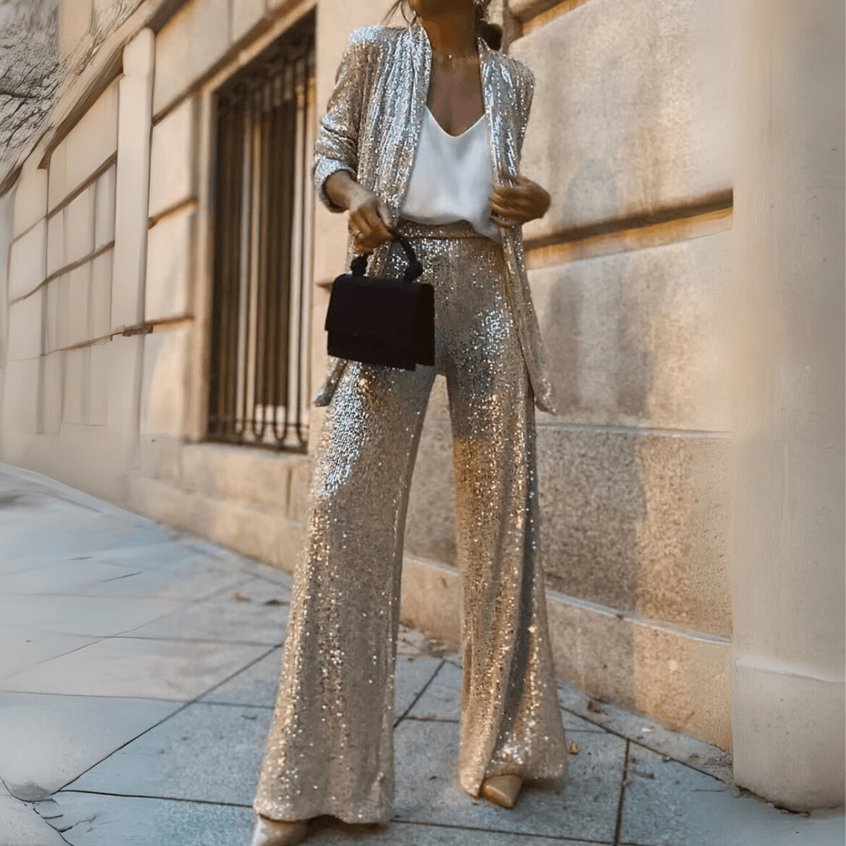 Pailletten Vest en Wijde Broek Set voor Elegante Gelegenheden