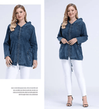 Plus Size Denim Hoodie Trui met Rits Sluiting