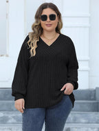 Plus Size Geribbelde Brei V-Hals Lange Mouwen Top